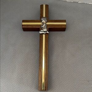 Handcrafted Wooden Wall Cross with Silver Praying Child and Gold Tone Accents
